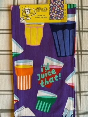 Blue Q Purple Dish Towel with Colorful Glasses and 'I'd Juice That!' Slogan